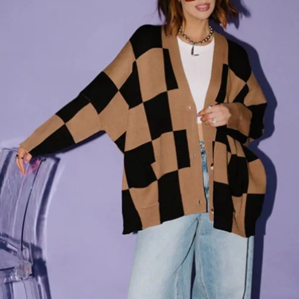 Combhasaki Women's Y2K Vintage Sweater Cardigan Tops Long Sleeve Button Up Deep V-Neck Plaid/Yin Yang Print Loose Knitwear Coats