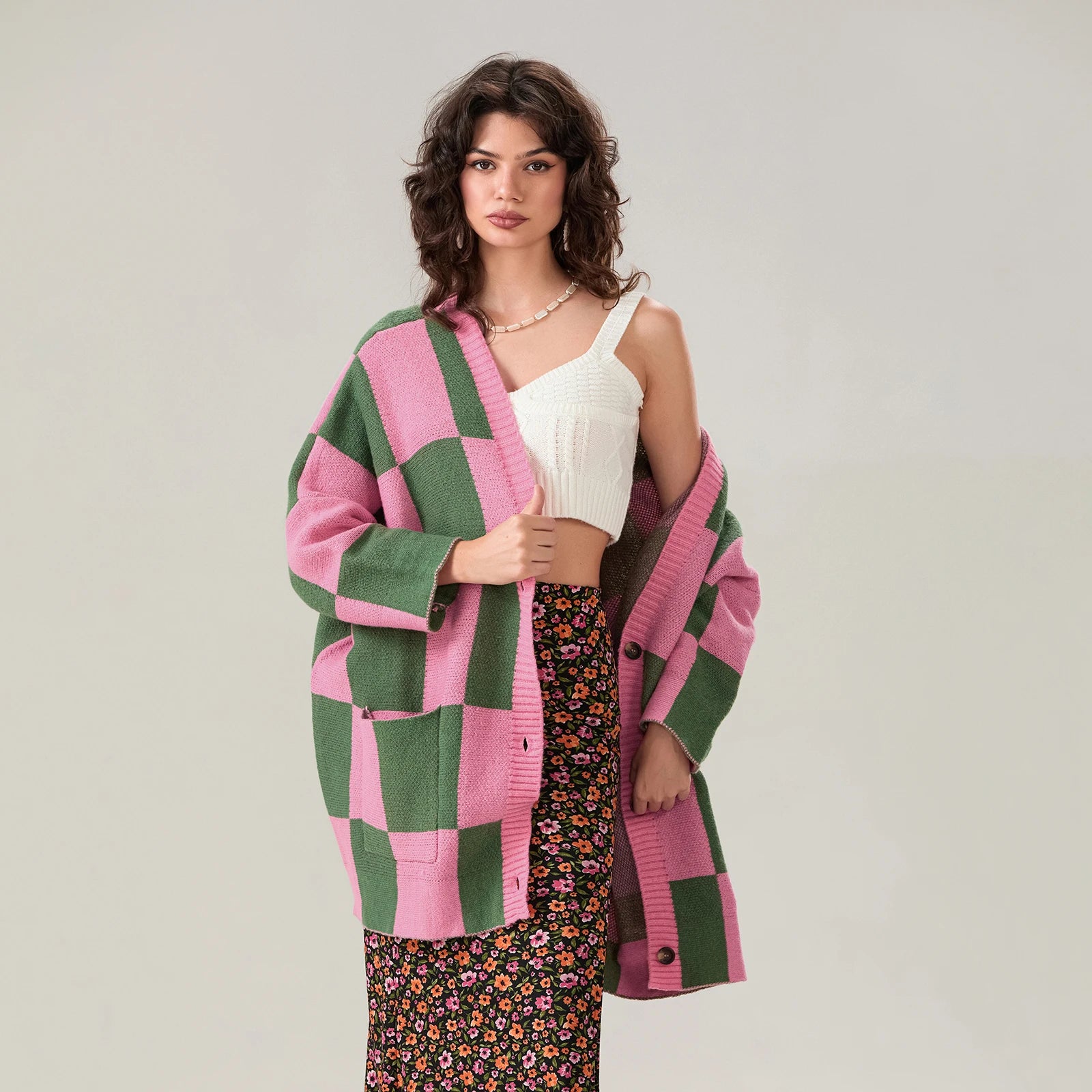 Combhasaki Women's Y2K Vintage Sweater Cardigan Tops Long Sleeve Button Up Deep V-Neck Plaid/Yin Yang Print Loose Knitwear Coats