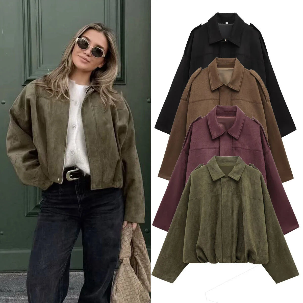 Casual Pilot Jacket Autumn Winter Women's Zipper Batwing Sleeve Fleece Lined Loose Fit Street Style Upper Body Outerwear
