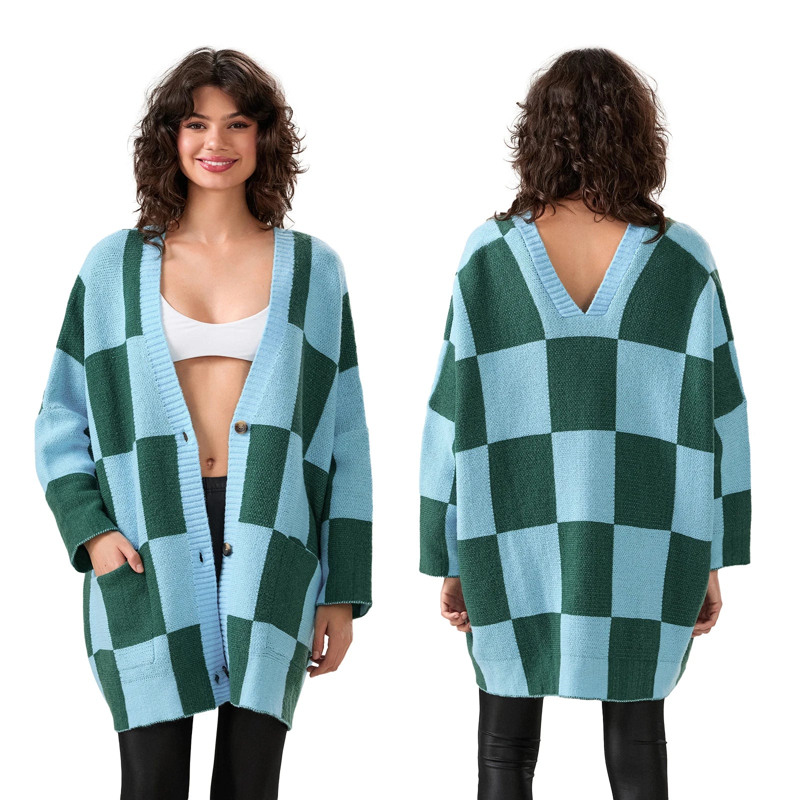 Combhasaki Women's Y2K Vintage Sweater Cardigan Tops Long Sleeve Button Up Deep V-Neck Plaid/Yin Yang Print Loose Knitwear Coats