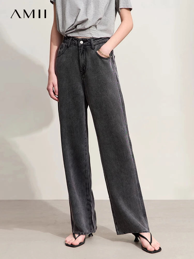 Amii Minimalism 2024 Women Baggy Jeans Summer New High Waist Wide Leg Straight Jeans Embroidery Trousers Retro Pants 12422138