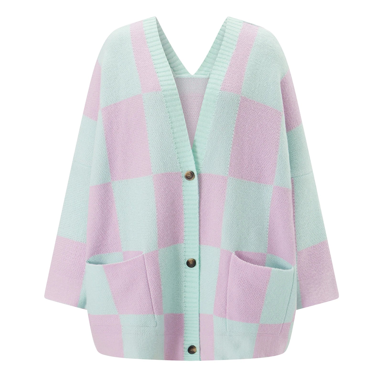 Combhasaki Women's Y2K Vintage Sweater Cardigan Tops Long Sleeve Button Up Deep V-Neck Plaid/Yin Yang Print Loose Knitwear Coats