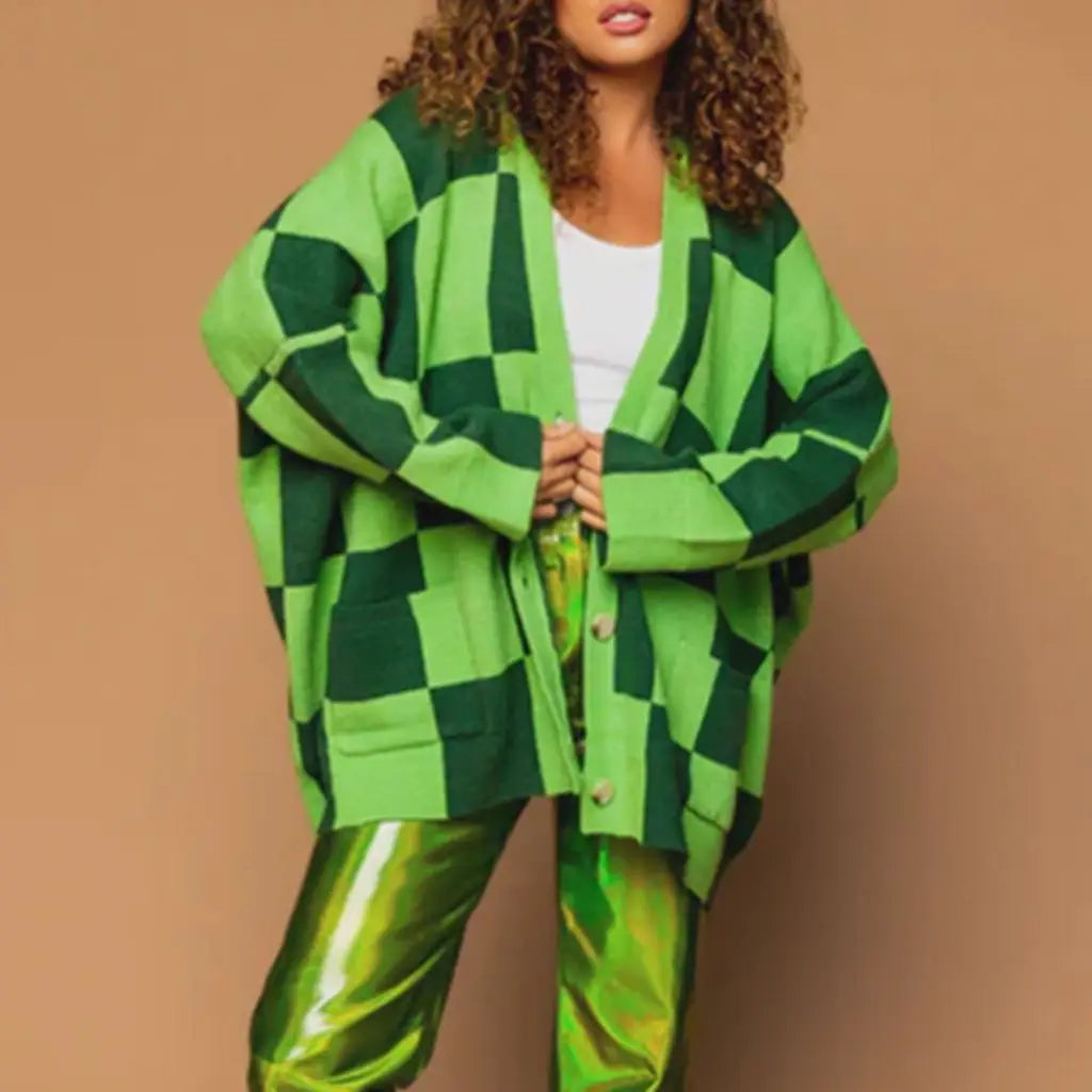 Combhasaki Women's Y2K Vintage Sweater Cardigan Tops Long Sleeve Button Up Deep V-Neck Plaid/Yin Yang Print Loose Knitwear Coats