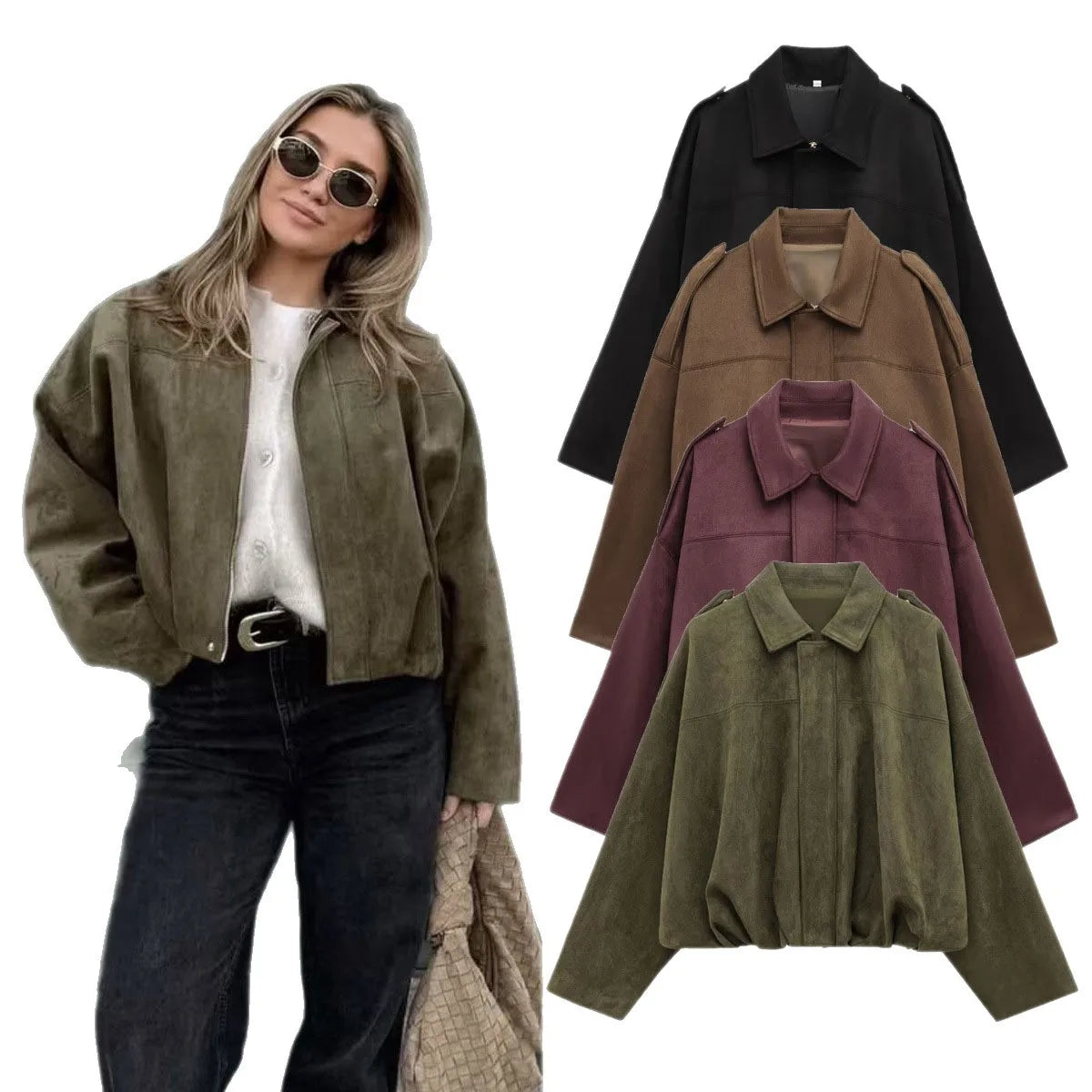 Casual Pilot Jacket Autumn Winter Women's Zipper Batwing Sleeve Fleece Lined Loose Fit Street Style Upper Body Outerwear