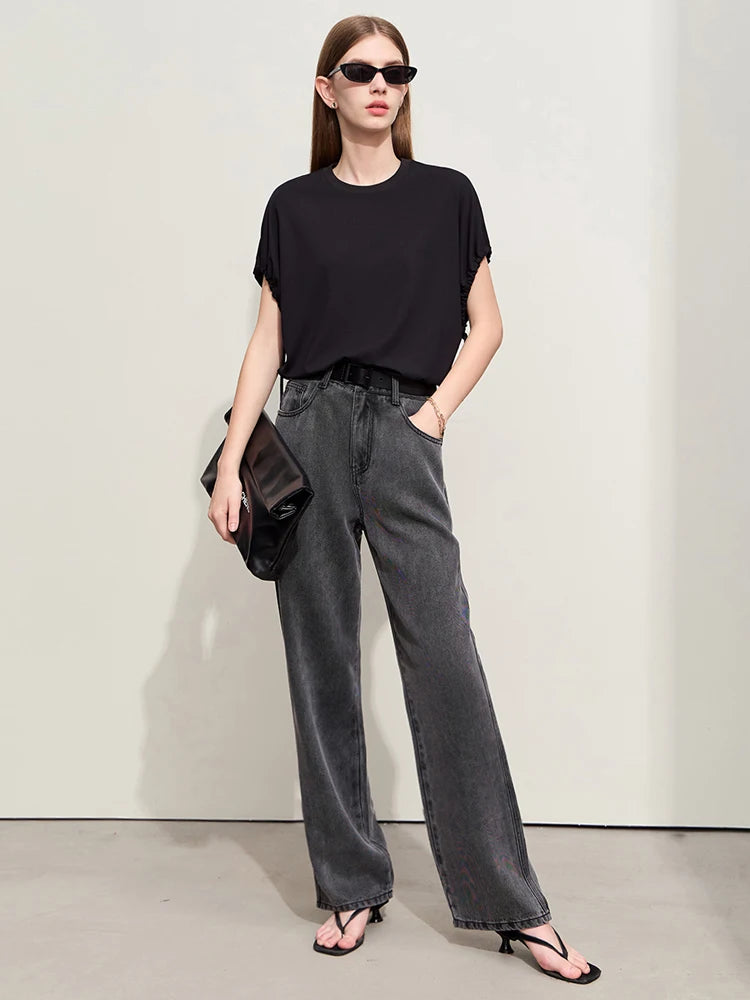 Amii Minimalism 2024 Women Baggy Jeans Summer New High Waist Wide Leg Straight Jeans Embroidery Trousers Retro Pants 12422138