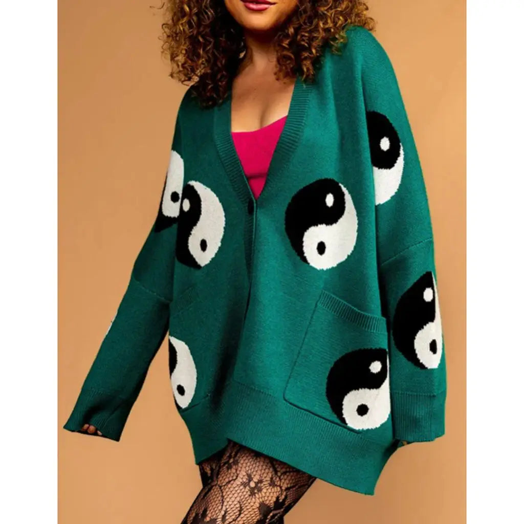 Combhasaki Women's Y2K Vintage Sweater Cardigan Tops Long Sleeve Button Up Deep V-Neck Plaid/Yin Yang Print Loose Knitwear Coats