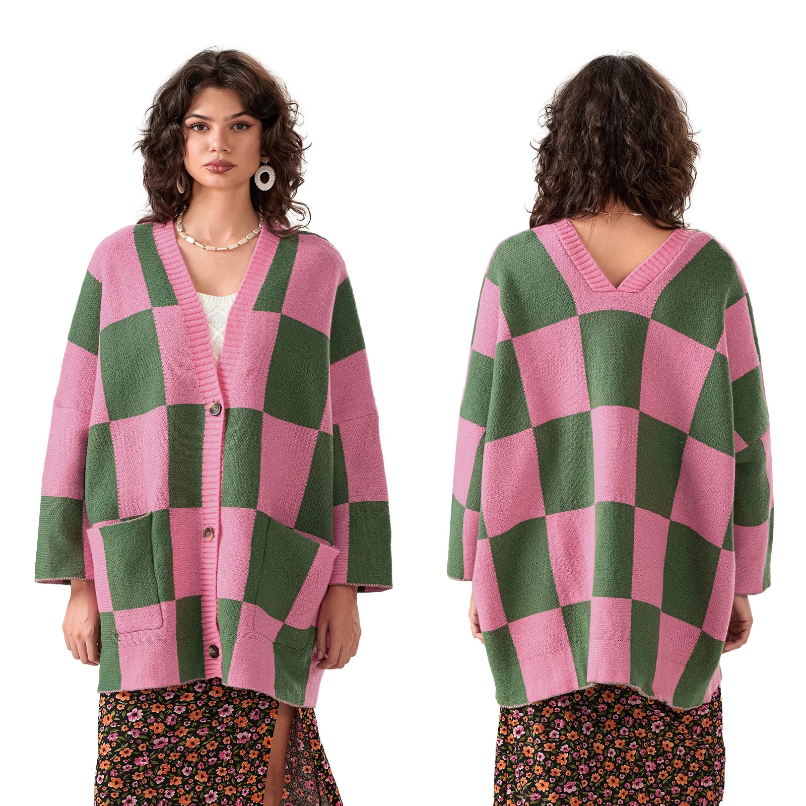 Combhasaki Women's Y2K Vintage Sweater Cardigan Tops Long Sleeve Button Up Deep V-Neck Plaid/Yin Yang Print Loose Knitwear Coats