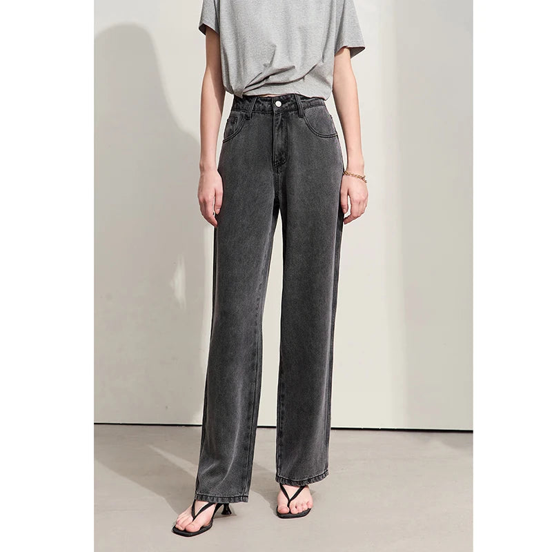 Amii Minimalism 2024 Women Baggy Jeans Summer New High Waist Wide Leg Straight Jeans Embroidery Trousers Retro Pants 12422138