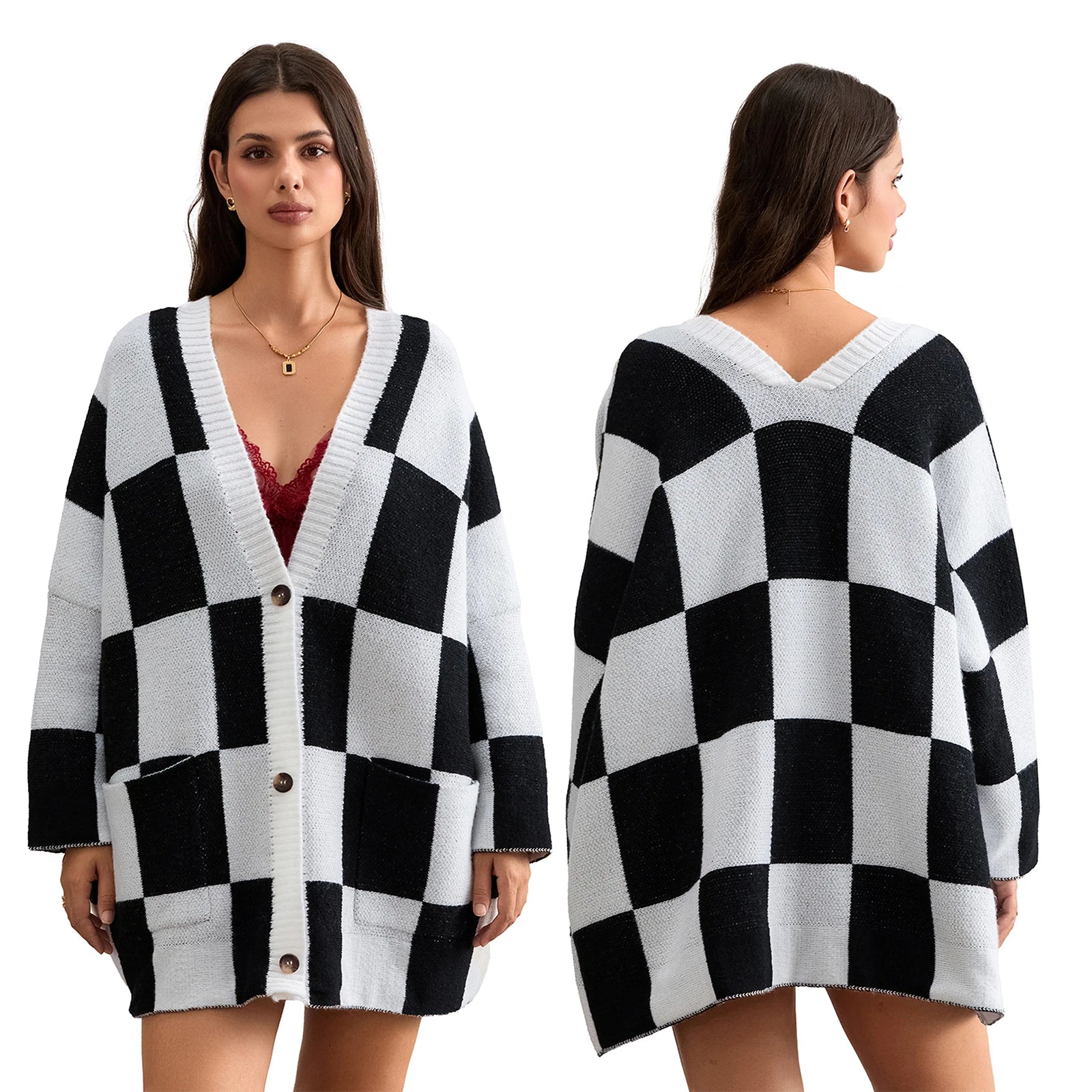 Combhasaki Women's Y2K Vintage Sweater Cardigan Tops Long Sleeve Button Up Deep V-Neck Plaid/Yin Yang Print Loose Knitwear Coats