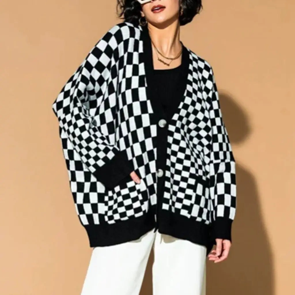 Combhasaki Women's Y2K Vintage Sweater Cardigan Tops Long Sleeve Button Up Deep V-Neck Plaid/Yin Yang Print Loose Knitwear Coats