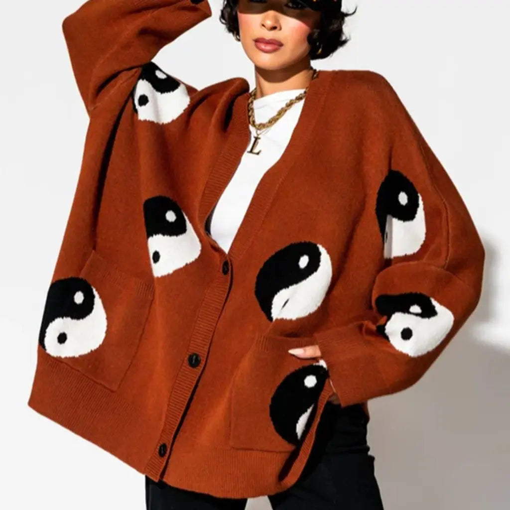 Combhasaki Women's Y2K Vintage Sweater Cardigan Tops Long Sleeve Button Up Deep V-Neck Plaid/Yin Yang Print Loose Knitwear Coats
