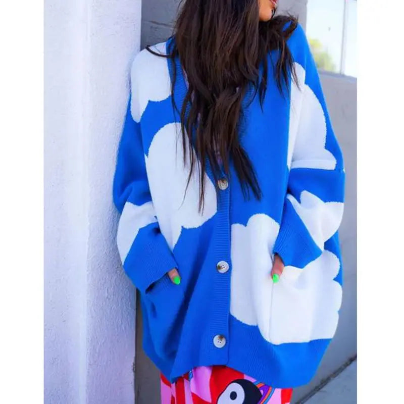 Combhasaki Women's Y2K Vintage Sweater Cardigan Tops Long Sleeve Button Up Deep V-Neck Plaid/Yin Yang Print Loose Knitwear Coats